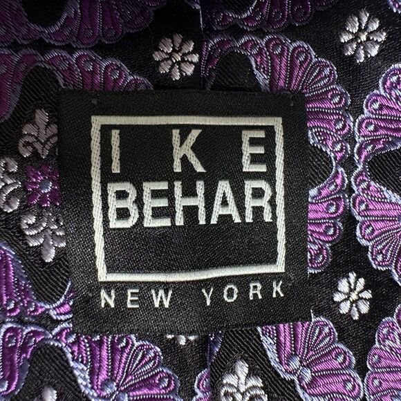 IKE BEHAR Silk Tie Floral geometric 100% Silk Necktie Black/Purple - Picture 7 of 7